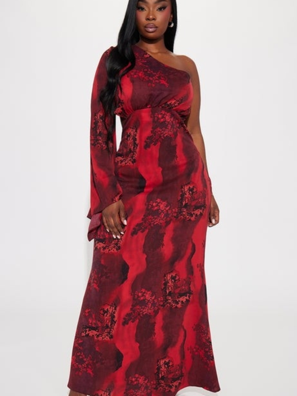 Fashion Nova Kim One-Shoulder Red & Black Printed Maxi Dress Size 2x NWT